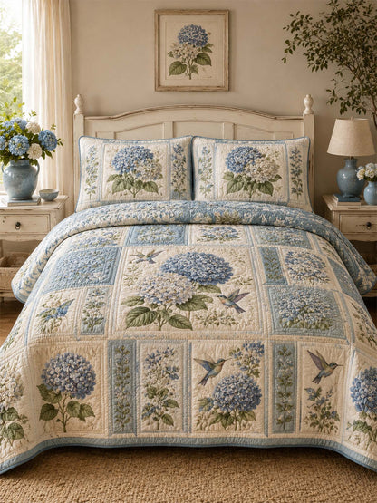 Blue Hydrangea Quilted 3-Piece Bedding Set