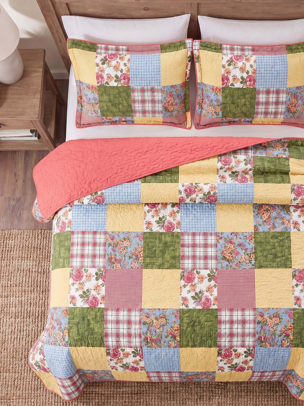 Cottage Rose Patchwork Quilted 3-Piece Bedding Set