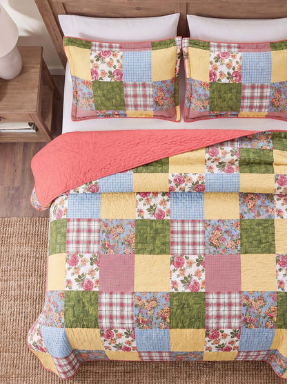 Cottage Rose Patchwork Quilted 3-Piece Bedding Set