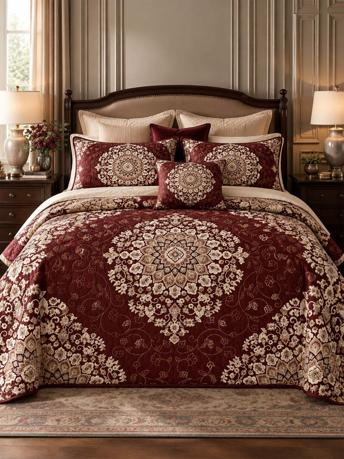 Vintage Burgundy Floral Medallion Quilted 3-Piece Bedding Set