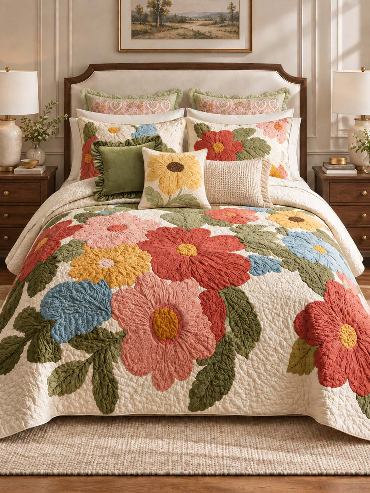 Cottage Garden Floral Quilted 3-Piece Bedding Set
