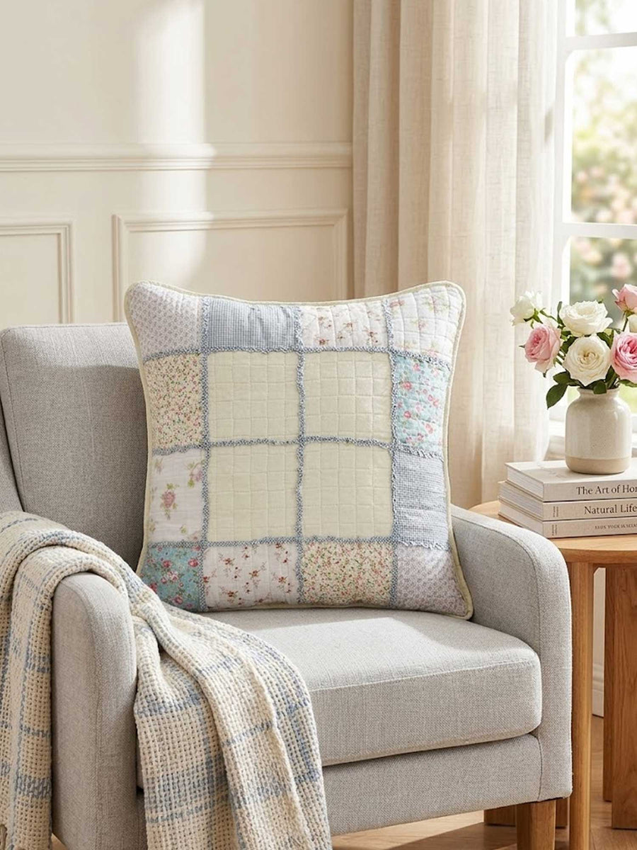 Grid Patchwork Floral Quilted Pillow Cover