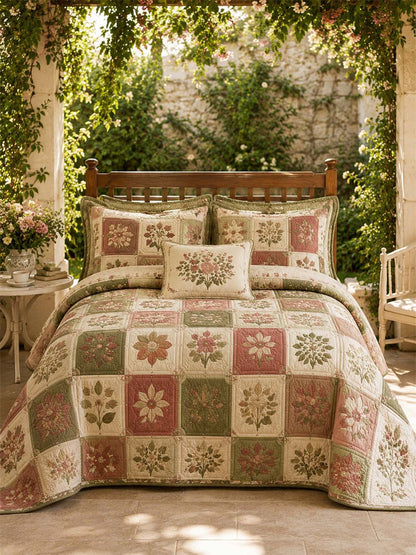 H.PAI Vintage Floral Patchwork Quilted 3-Piece Bedding Set