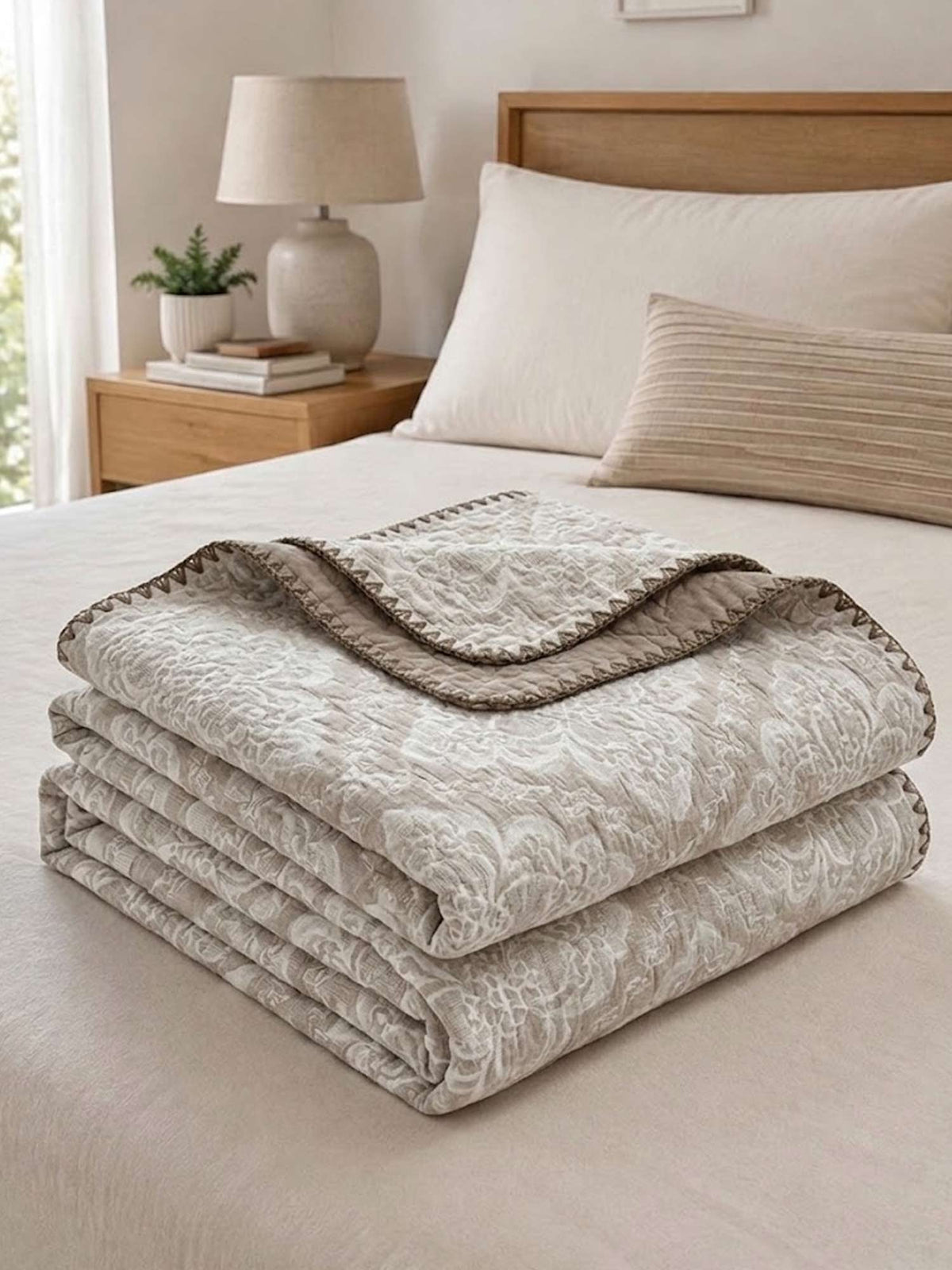 Vintage Beige Floral Jacquard Quilted Throw Three‑Layer Gauze Cotton Blanket