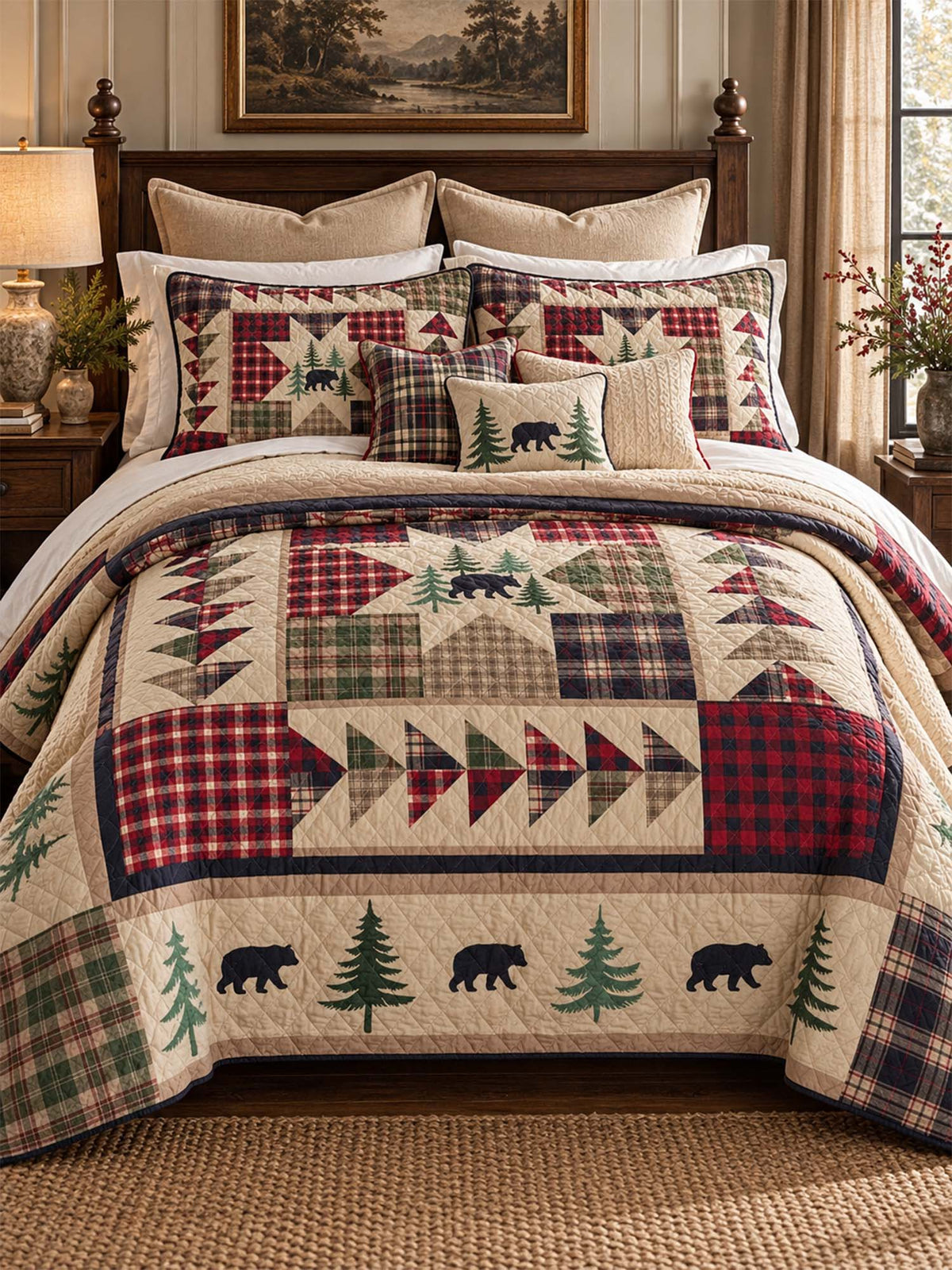 Black Bear Plaid Star Woodland Quilted 3-Piece Bedding Set