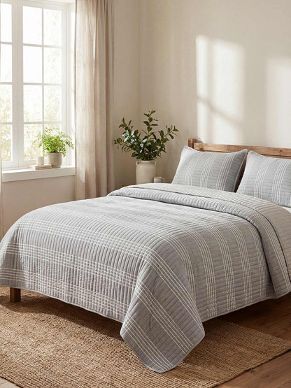 Minimalist Grey Stripe Quilted 3‑Piece Bedding Set