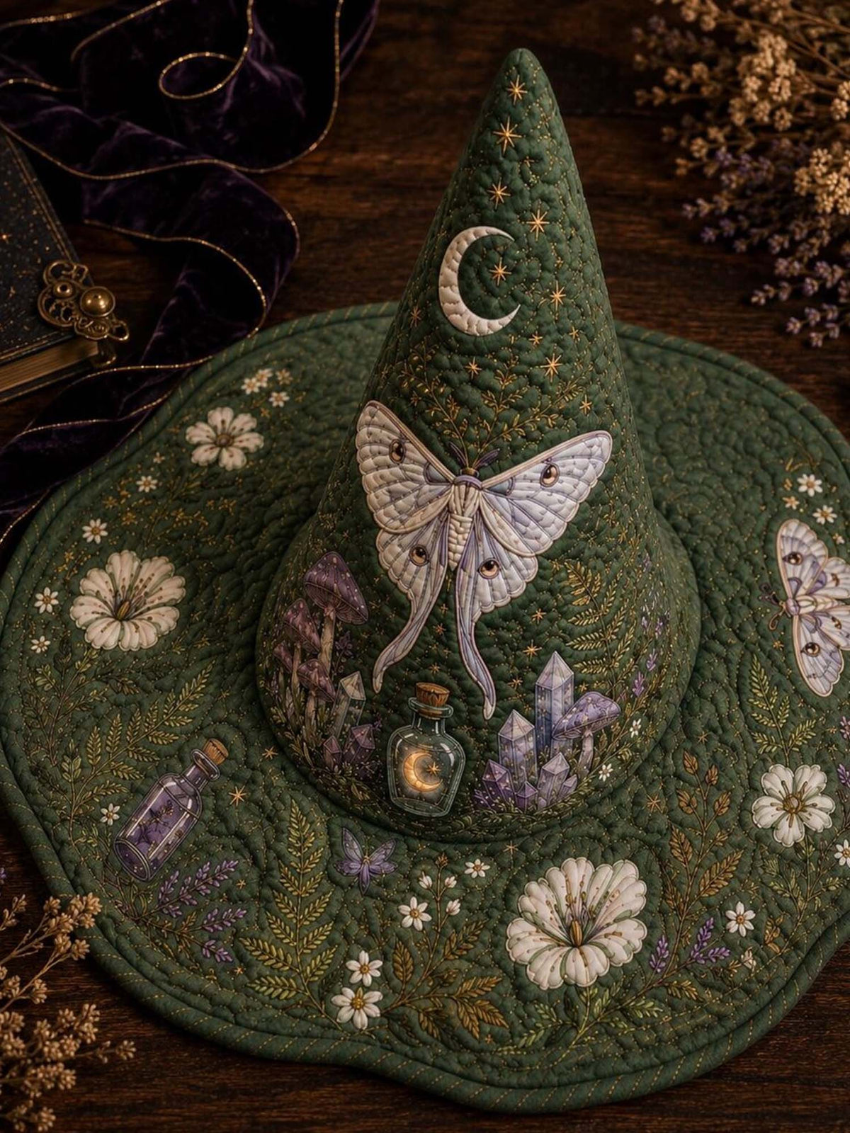 H.PAI Moonlit Butterfly Mystic Garden Quilted Witch Hat