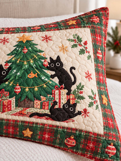 Playful Black Cats Christmas Tree Quilted 3-Piece Bedding Set