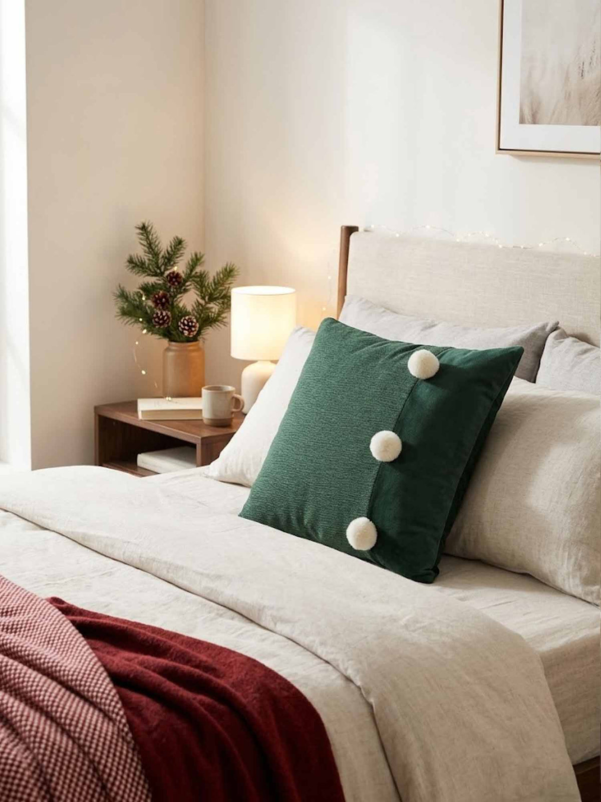 Green Color Block Pom Pom Pillow Cover