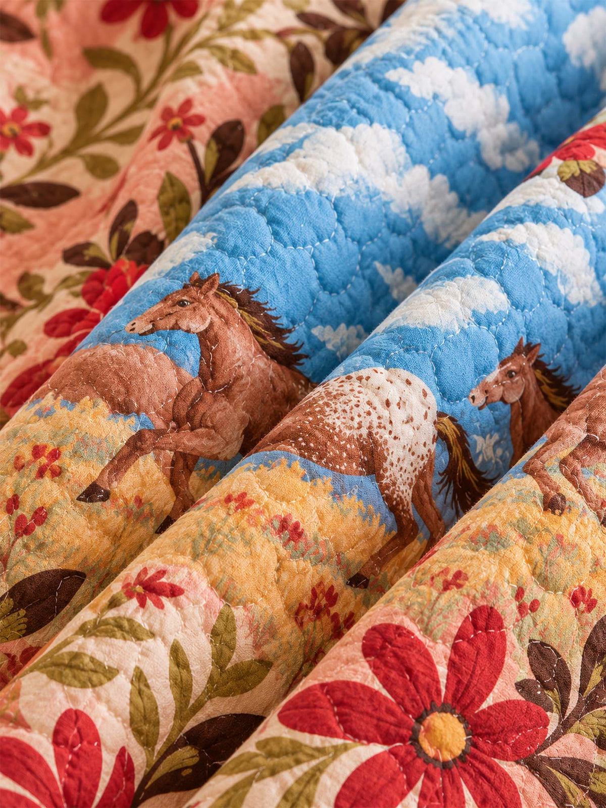 Western Horse Floral Quilted 3-Piece Bedding Set