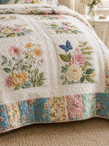 H.PAI Vintage Floral Garden Quilted 3-Piece Bedding Set