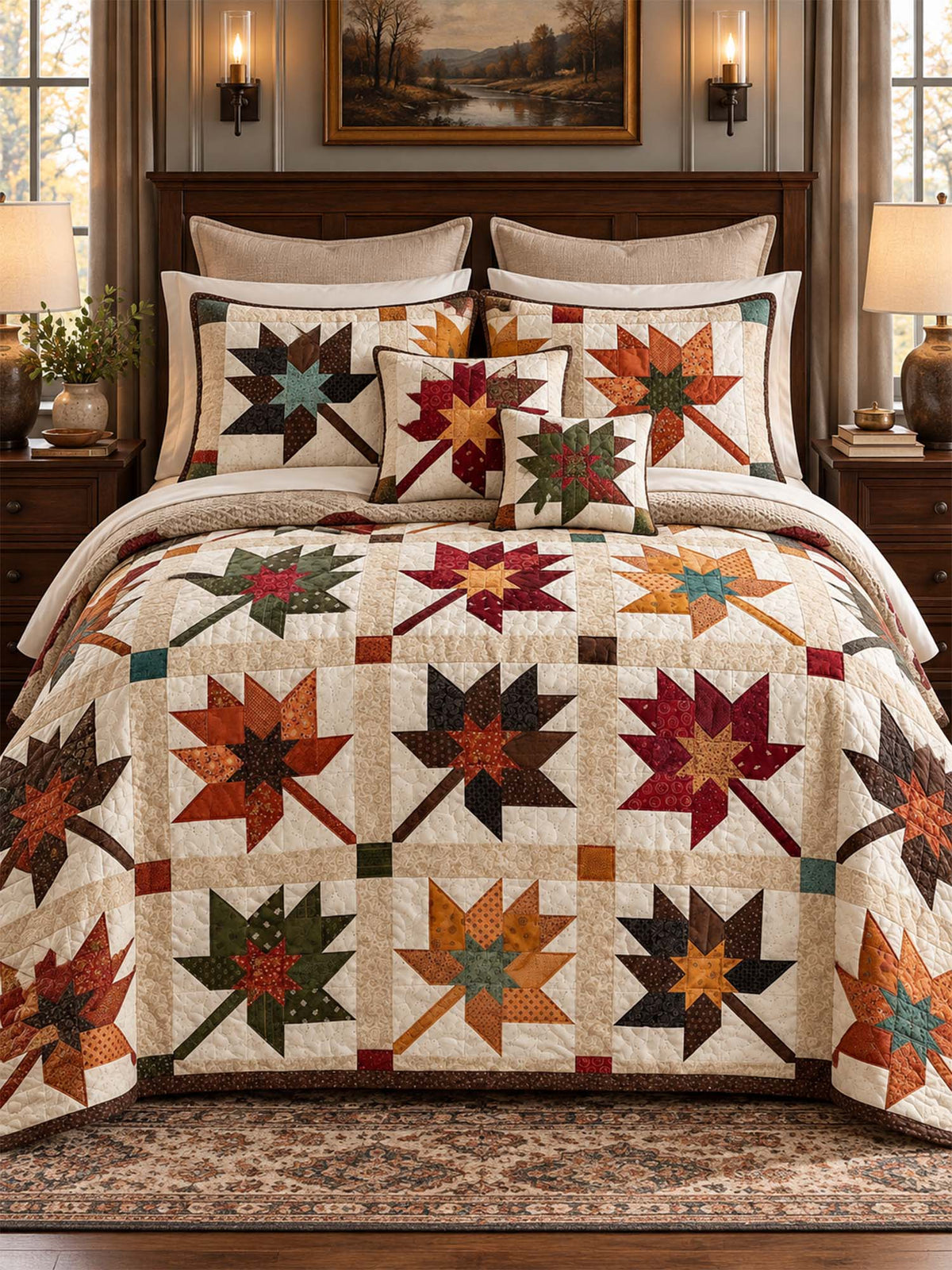 Vintage Leaf Geometric Patchwork Quilted 3-Piece Bedding Set