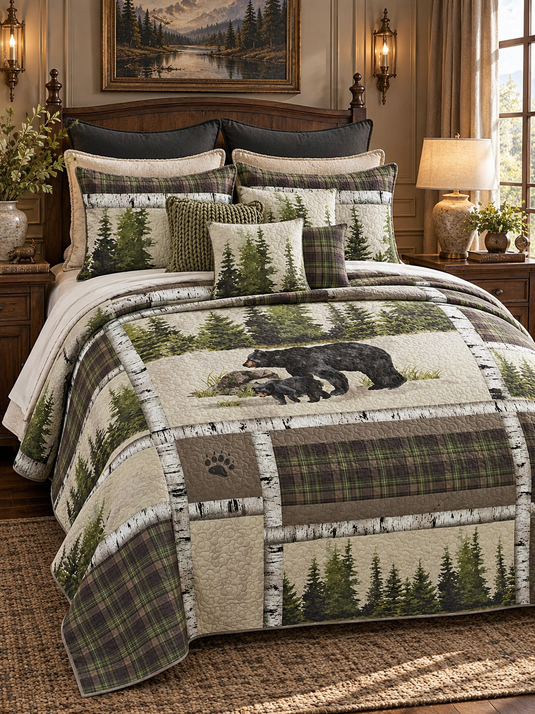 Black Bear Pine Forest Patchwork Quilted 3-Piece Bedding Set