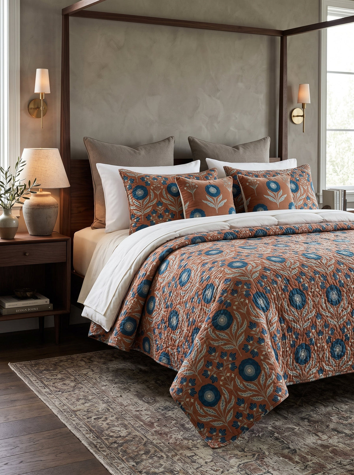 Rustic Blue Wildflower Quilted 3-Piece Bedding Set