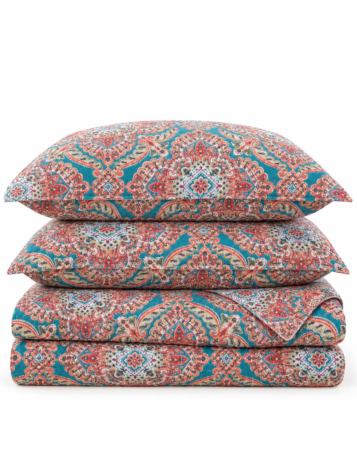 Turquoise Boho Medallion Reversible 100% Cotton Quilted Bedding Set