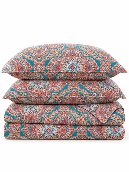 Turquoise Boho Medallion Reversible 100% Cotton Quilted Bedding Set