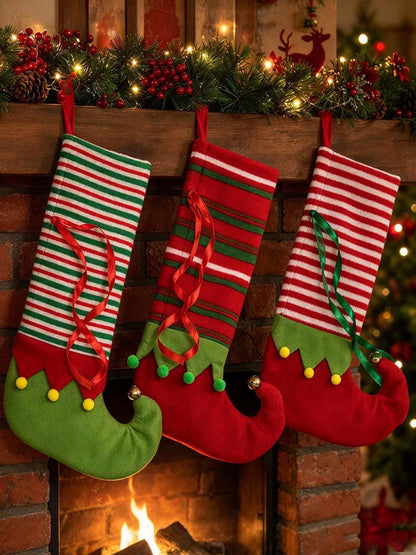 Elf Christmas Stocking, Striped Xmas Hanging Stocking