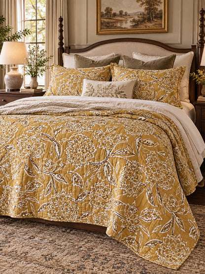 Mustard Botanical Floral Quilted 3-Piece Bedding Set
