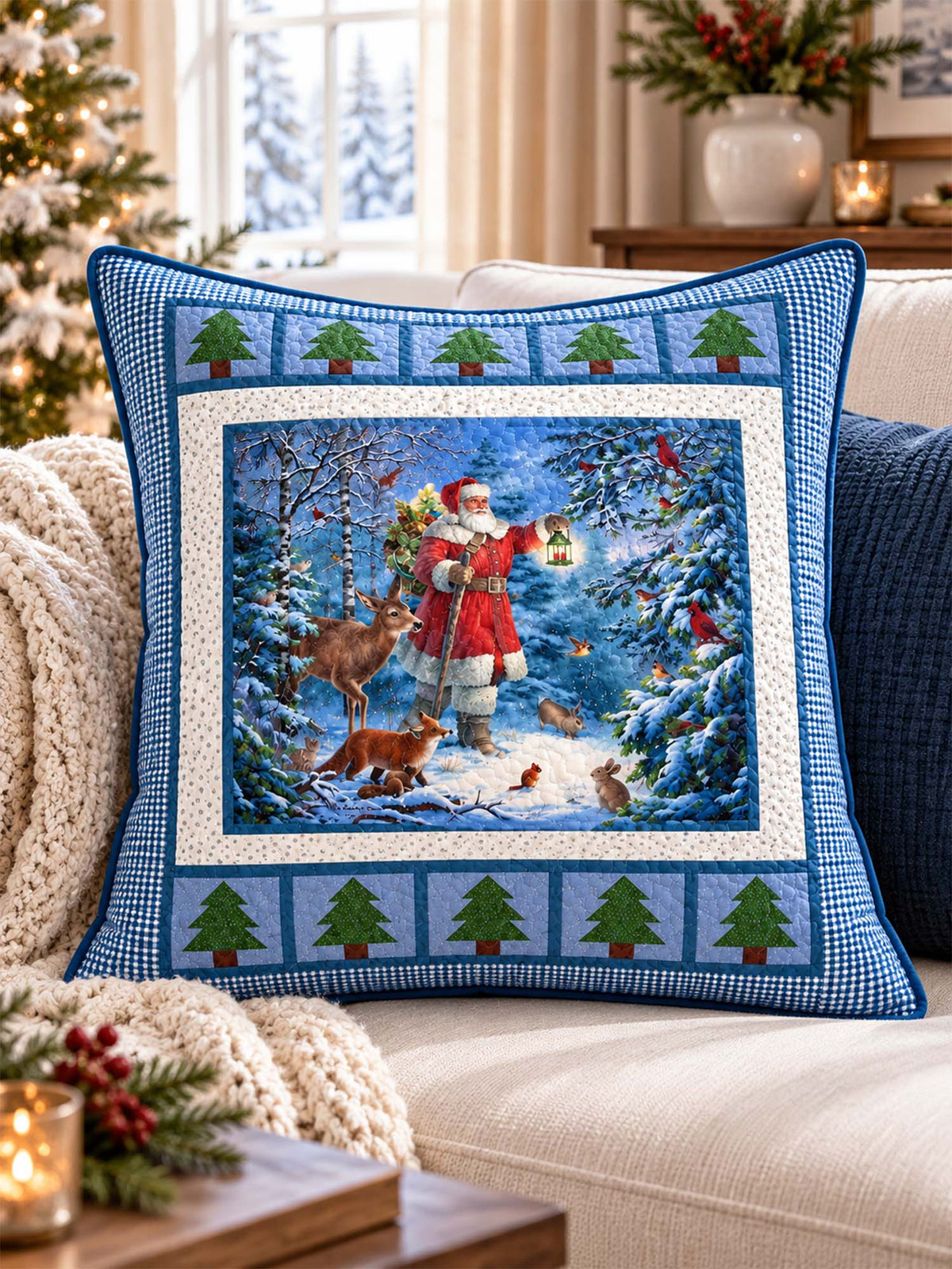 Santa's Winter Woodland Blue Gingham Quilted Pillow Cover