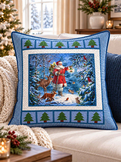 Santa's Winter Woodland Blue Gingham Quilted Pillow Cover