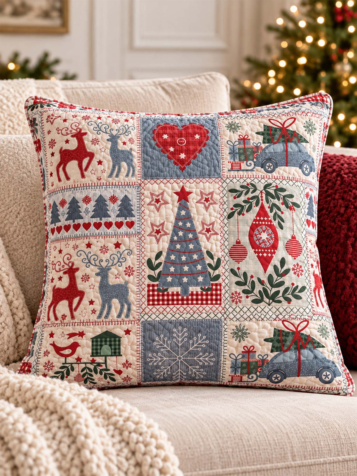 Nordic Christmas Reindeer & Gift Car Quilted Pillow Cover