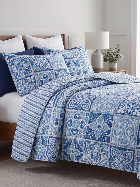 Coastal Boho Blue Portuguese Tile Print Quilted 3‑Piece Bedding Set