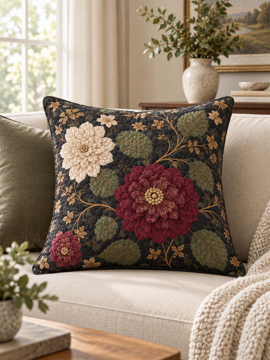 Burgundy Dahlia Dark Floral Quilted Pillow Cover