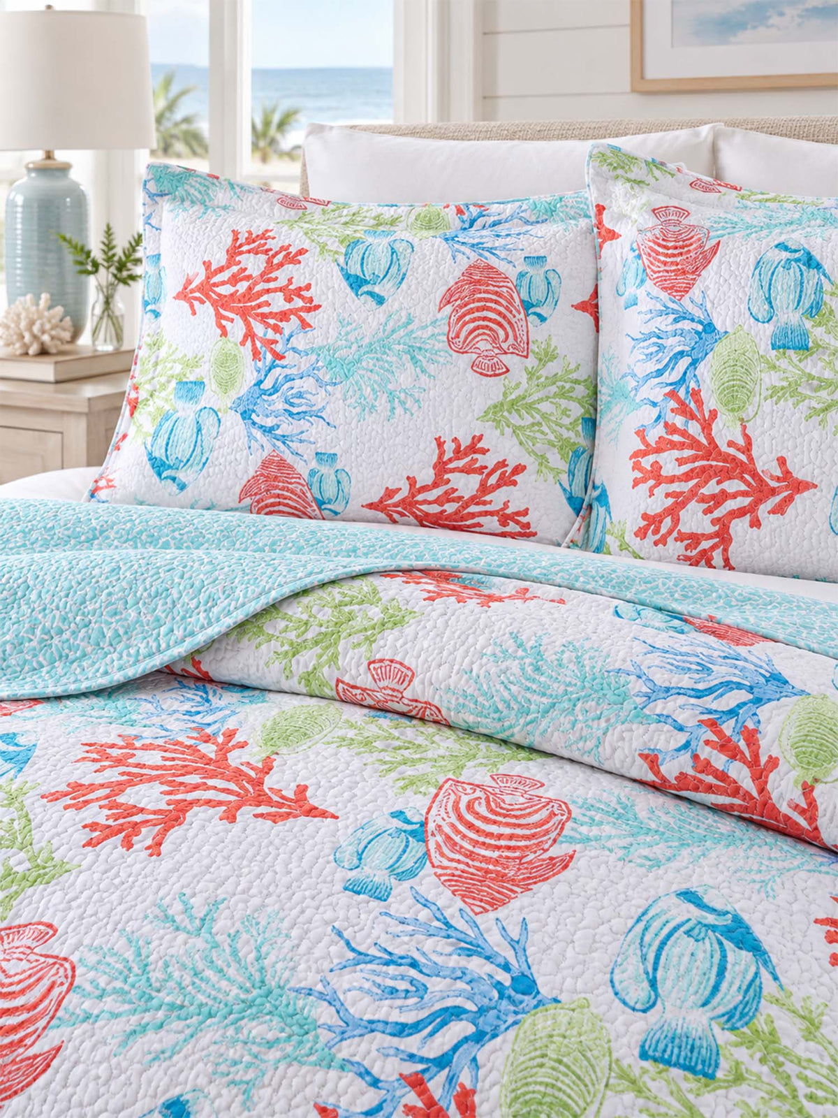 Coastal Coral & Seashell Reversible 100% Cotton Quilted 3-Piece Bedding Set