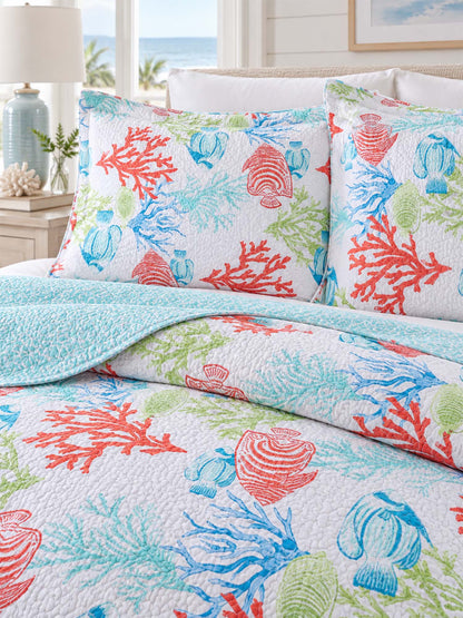 Coastal Coral & Seashell Reversible 100% Cotton Quilted 3-Piece Bedding Set