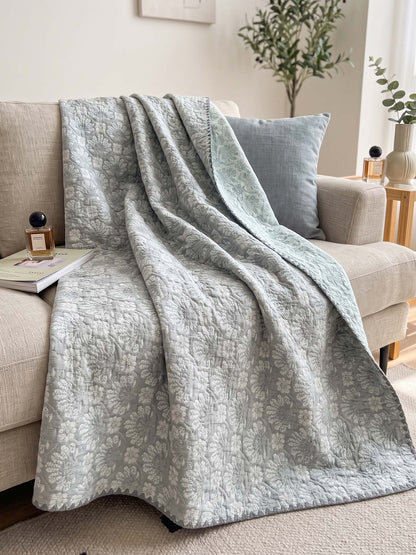 Vintage Sage Gray Damask Floral Jacquard Quilted Throw Three‑Layer Gauze Cotton Blanket