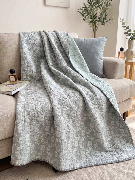 Vintage Sage Gray Damask Floral Jacquard Quilted Throw Three‑Layer Gauze Cotton Blanket