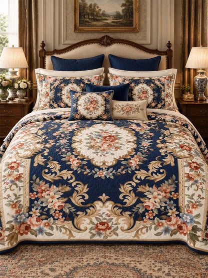 Vintage Navy Blue Floral Baroque Quilted 3-Piece Bedding Set
