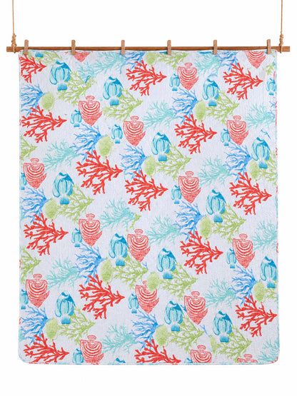 Coastal Coral & Seashell Reversible 100% Cotton Quilted 3-Piece Bedding Set