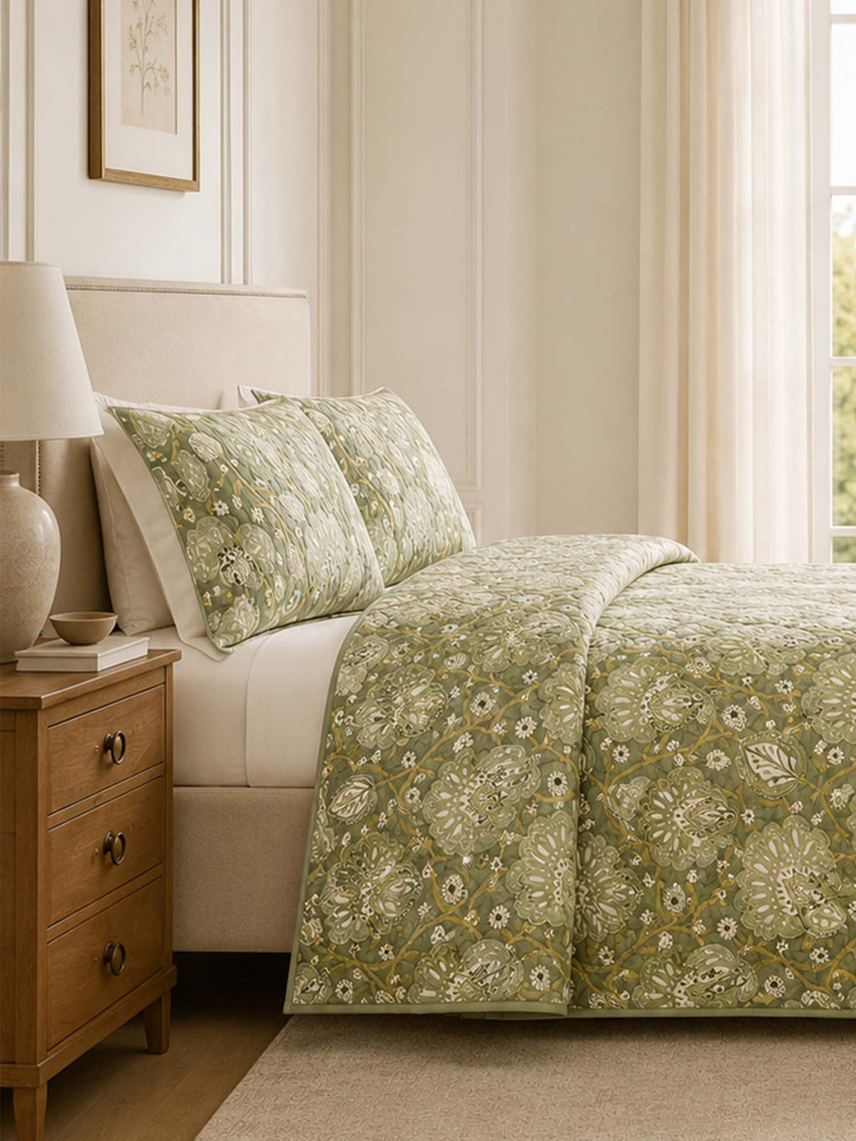 H.PAI Sage Botanical Garden Quilted 3-Piece Bedding Set