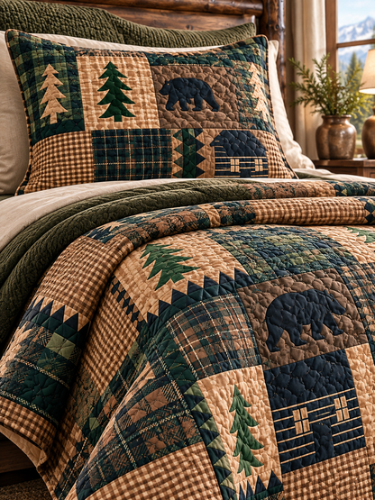 Rustic Bear and Bison Patchwork Quilted 3-Piece Bedding Set