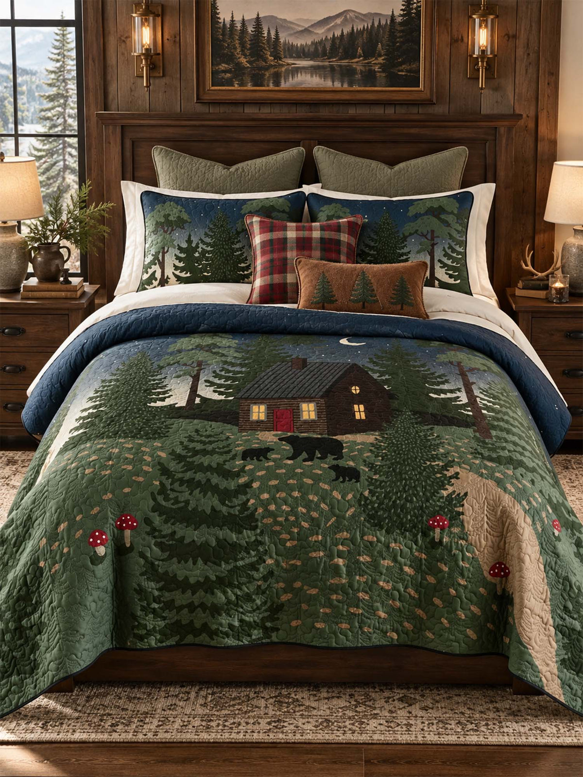 Moonlit Bear Cabin Forest Quilted 3-Piece Bedding Set