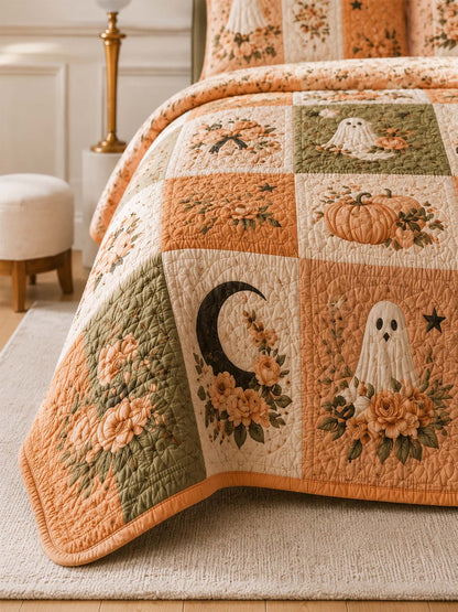H.PAI Pumpkin Cat Ghost Garden Quilted 3-Piece Bedding Set