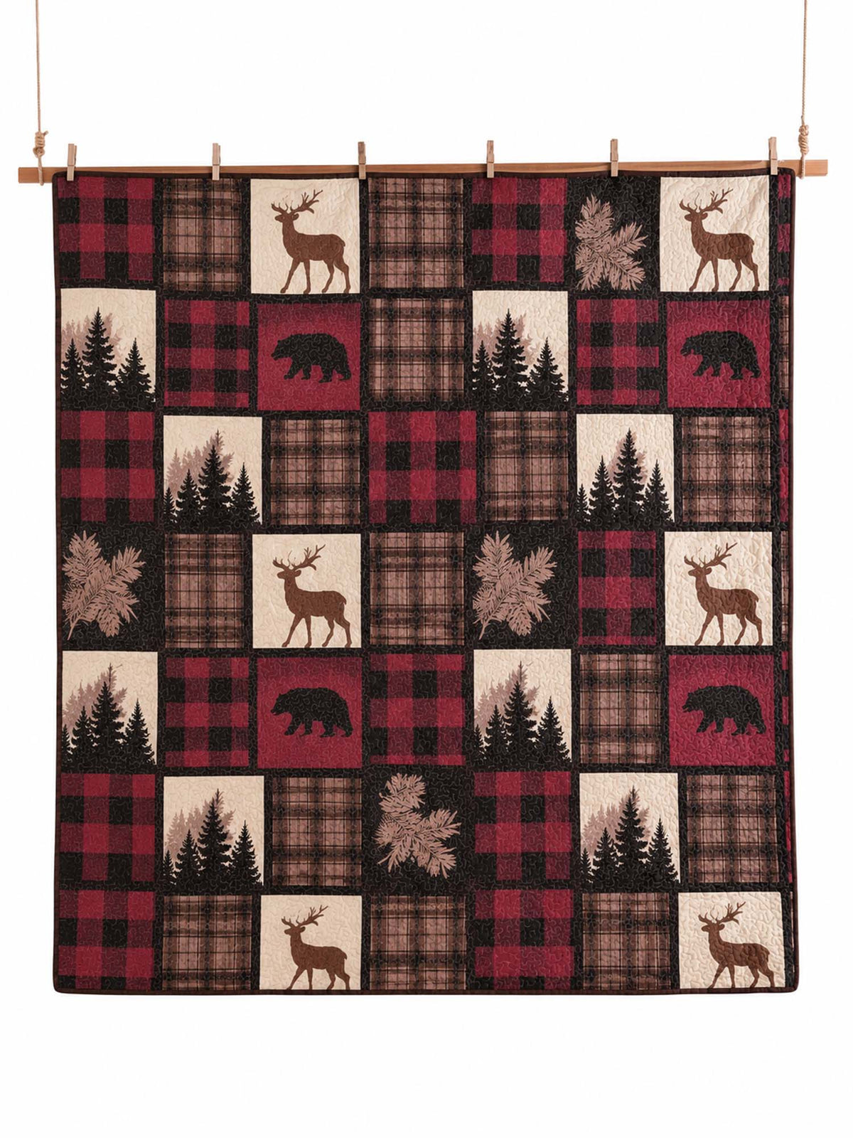 Burgundy Bear & Deer Plaid Woodland Quilted Blanket