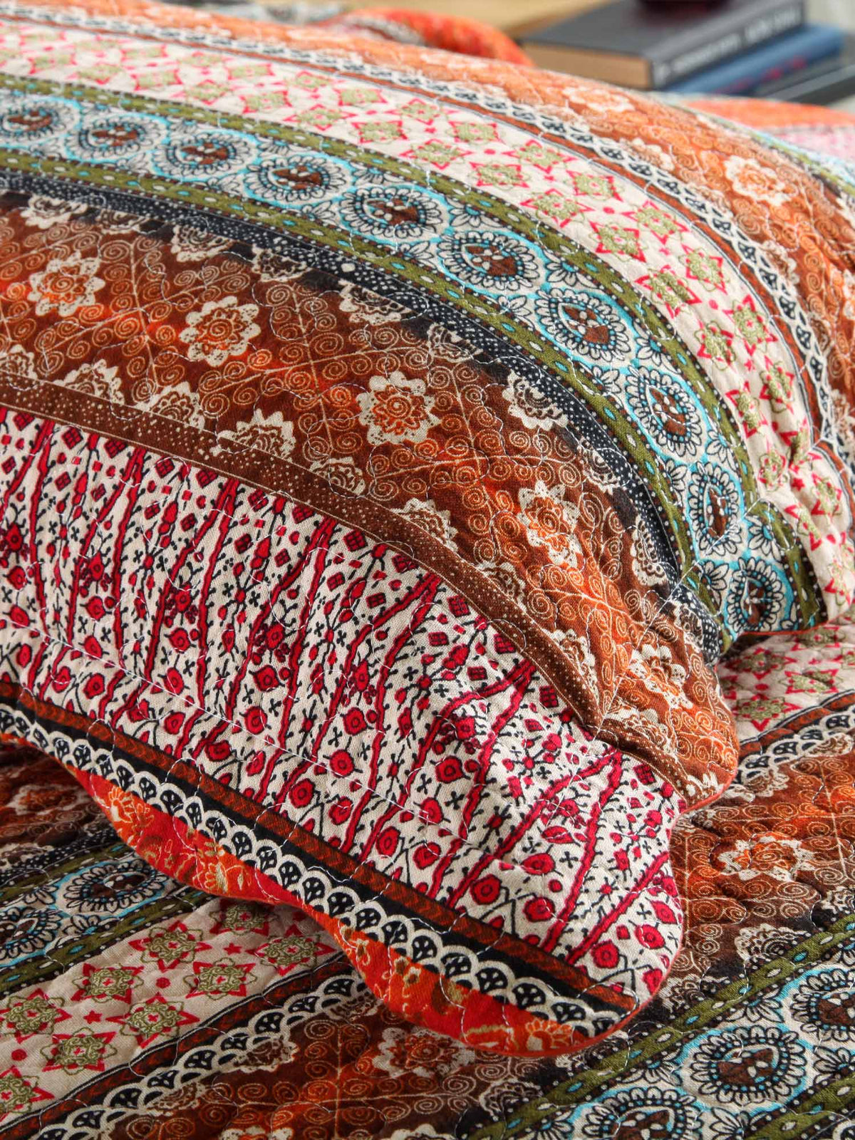 Rust Orange Bohemian Striped Patchwork Quilted 3‑Piece Bedding Set