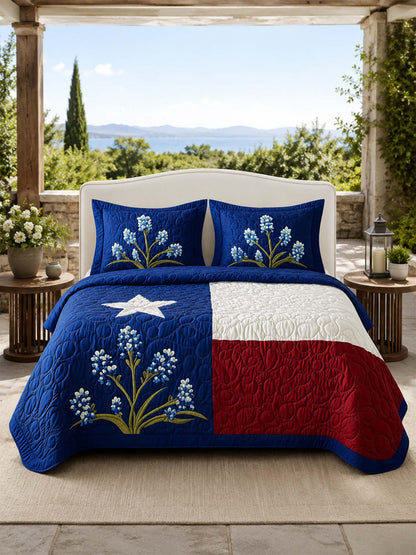 H.PAI Texas Bluebonnet Floral Quilted 3-Piece Bedding Set