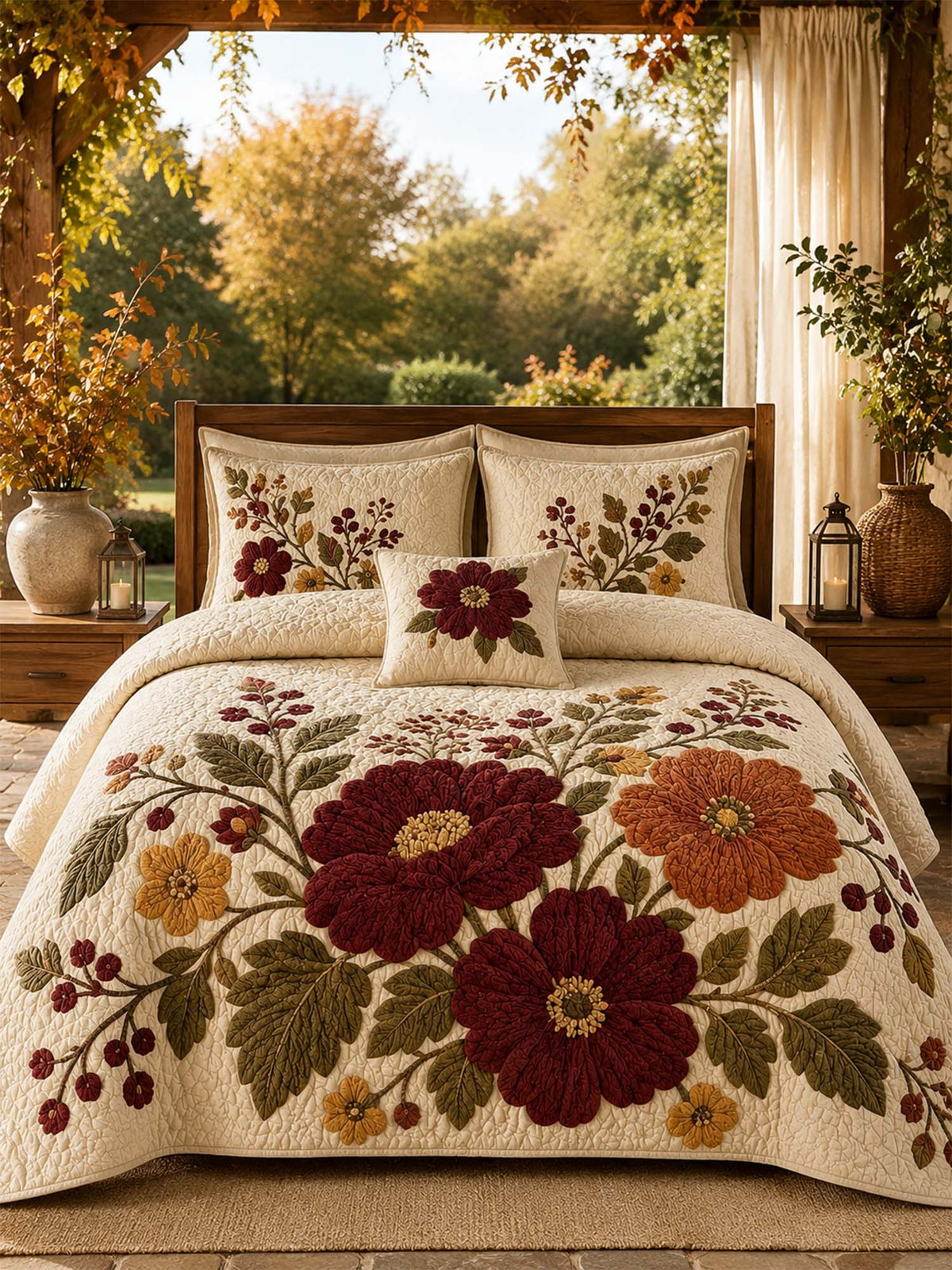 H.PAI Vintage Floral Quilted 3-Piece Bedding Set
