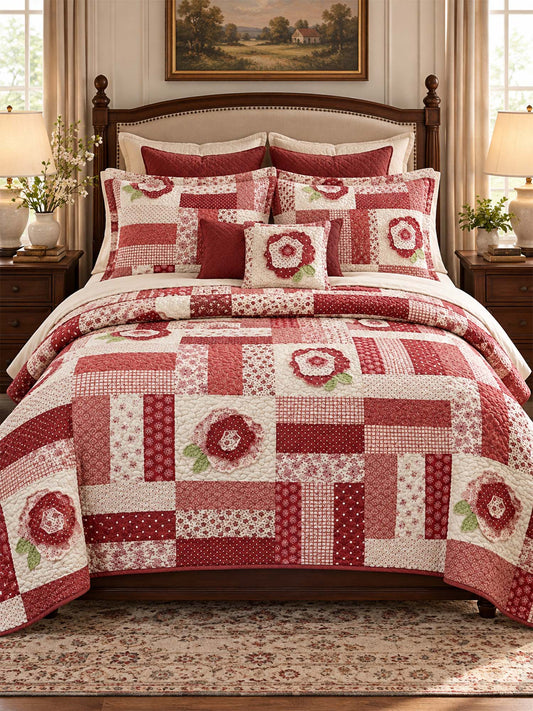 Red Rose Country Patchwork Quilted 3-Piece Bedding Set