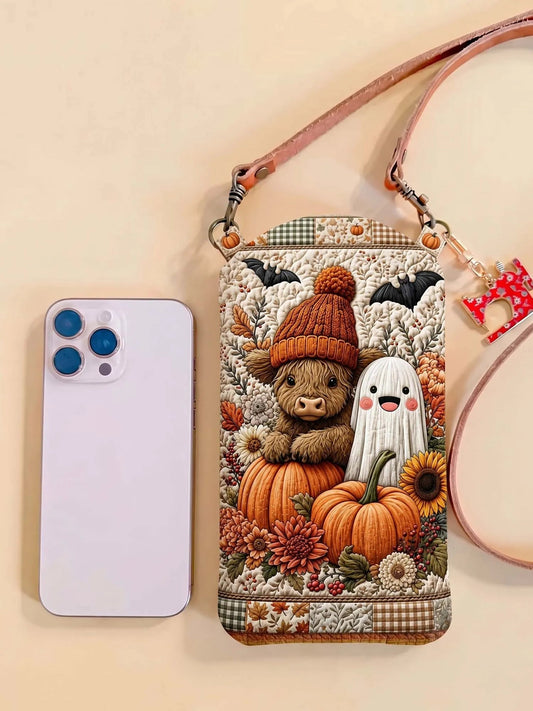 Smalle, gewatteerde schoudertas voor telefoon – Halloween geest en Highland Cattle