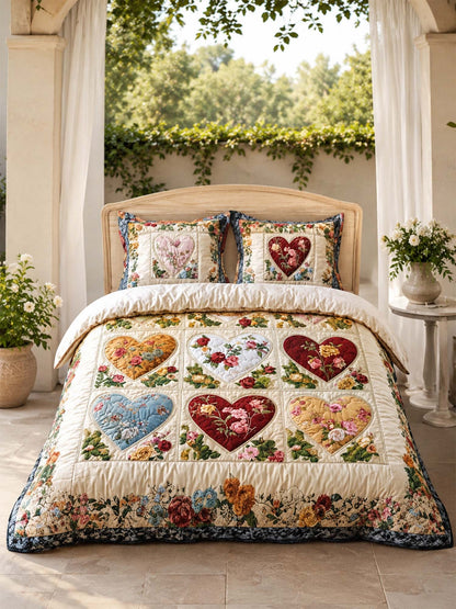 H.PAI Vintage Heart Floral Quilted 3-Piece Bedding Set