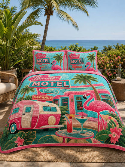 H.PAI Flamingo Motel Tropical Paradise Quilted 3-Piece Bedding Set