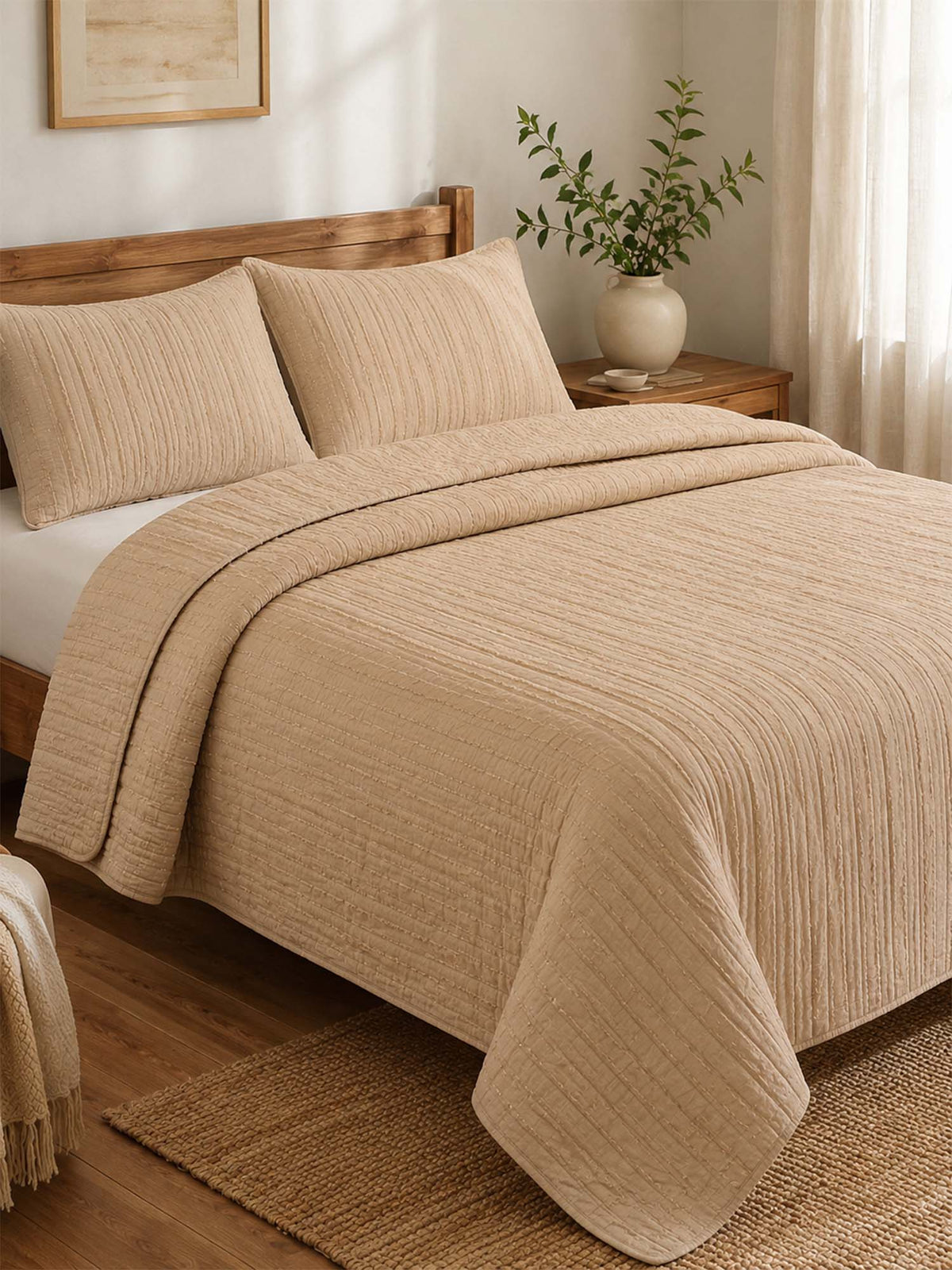 Solid 100% Cotton Bed Cover 3‑Piece Set Quilted