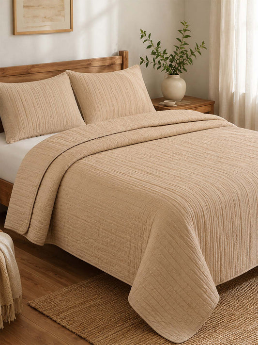 Solid 100% Cotton Bed Cover 3‑Piece Set Quilted