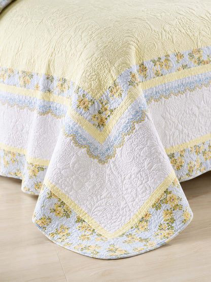 Golden Meadow Embroidered Floral Quilted 3-Piece Bedding Set