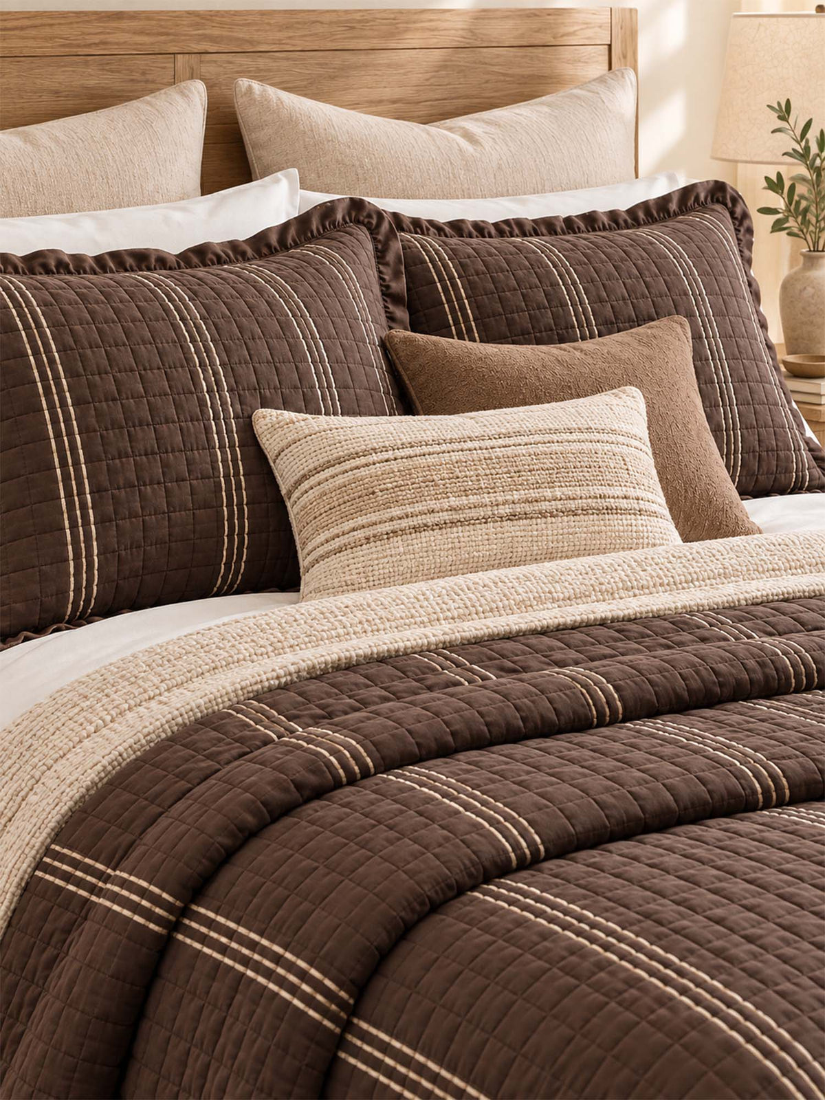 Stripe Ruffle Jacquard 100% Cotton Reversible Quilted 3-Piece Bedding Set