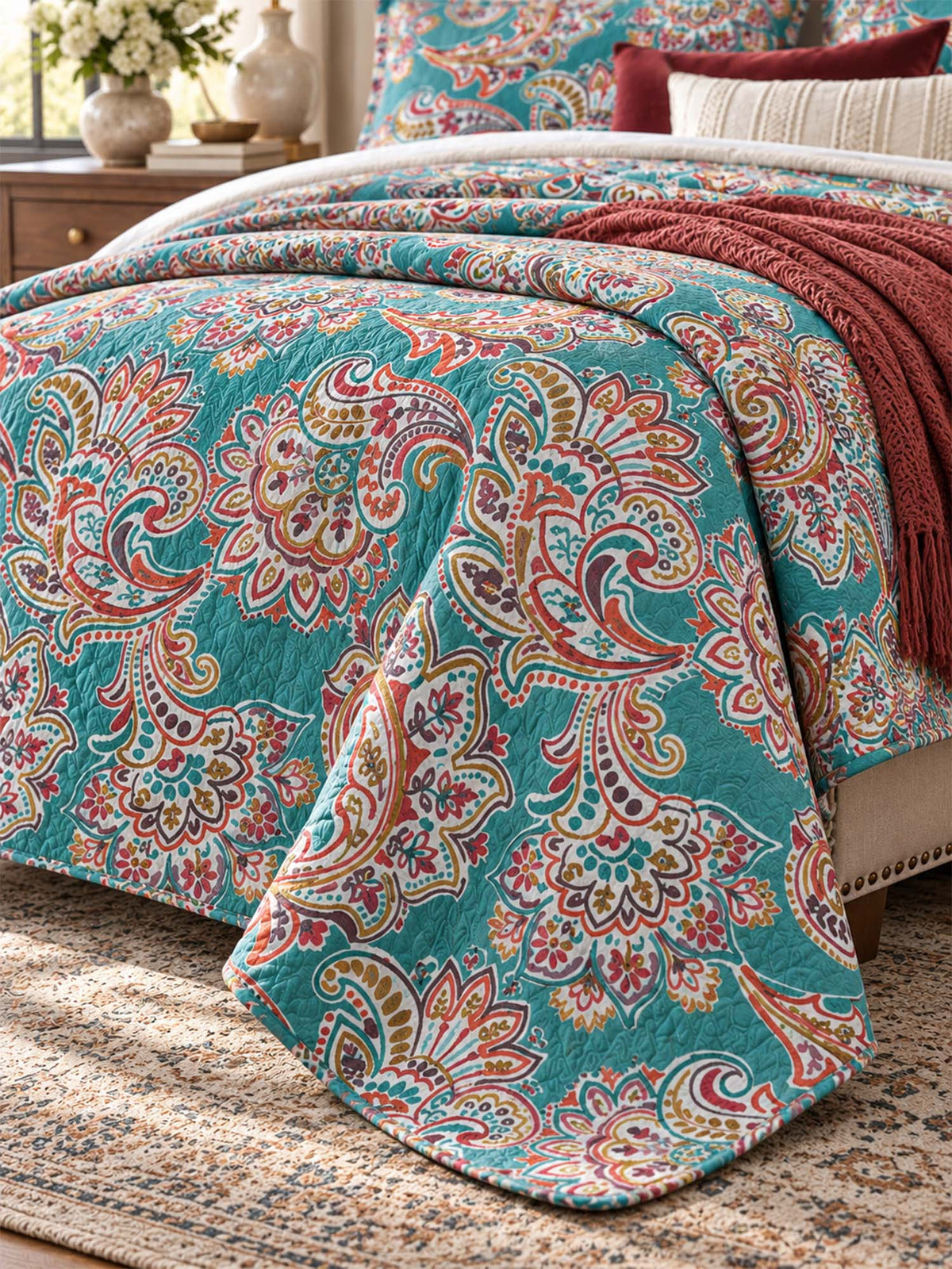 Teal Paisley Floral 100% Cotton Quilted 3-Piece Bedding Set